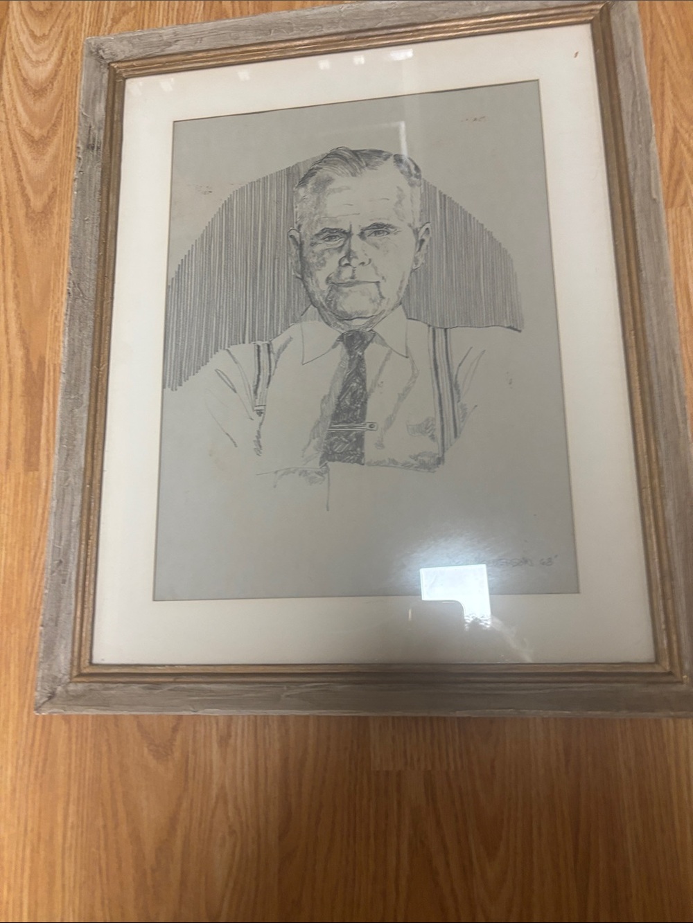 Framed Pencil Portrait on Gray Paper with Wood Frame